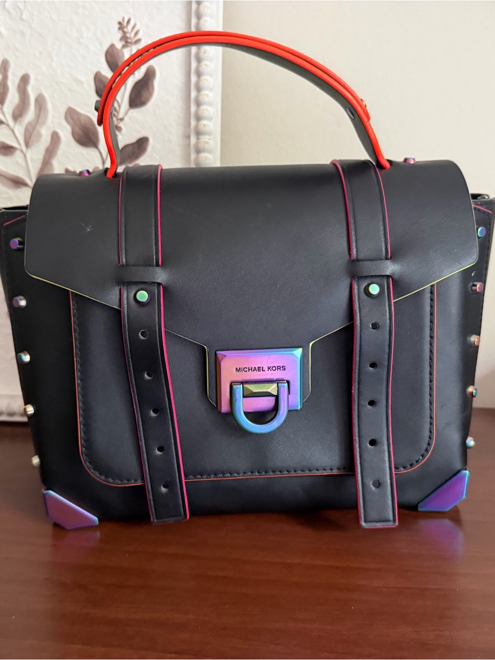 Michael Kors Manhattan Neon Contrast Leather Satchel